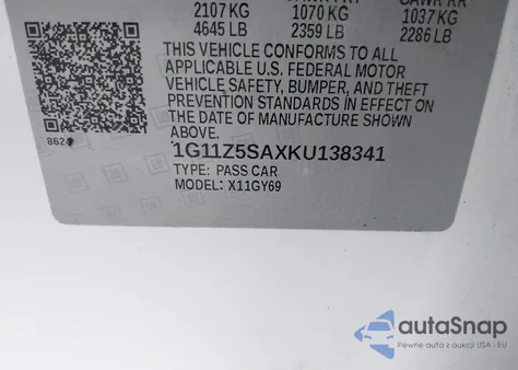 2019 Chevrolet Impala Lt из США, поврежденный, VIN 1G11Z5SAXKU138341